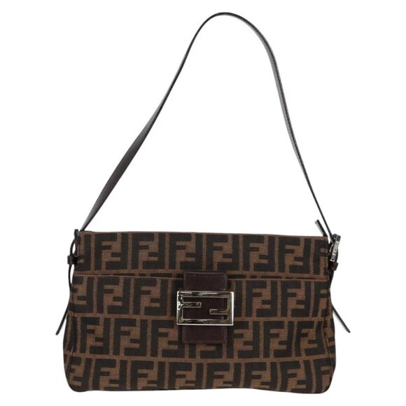FENDI Zucca Canvas Shoulder Bag Brown Black Silver Auth - Picture 1 of 16